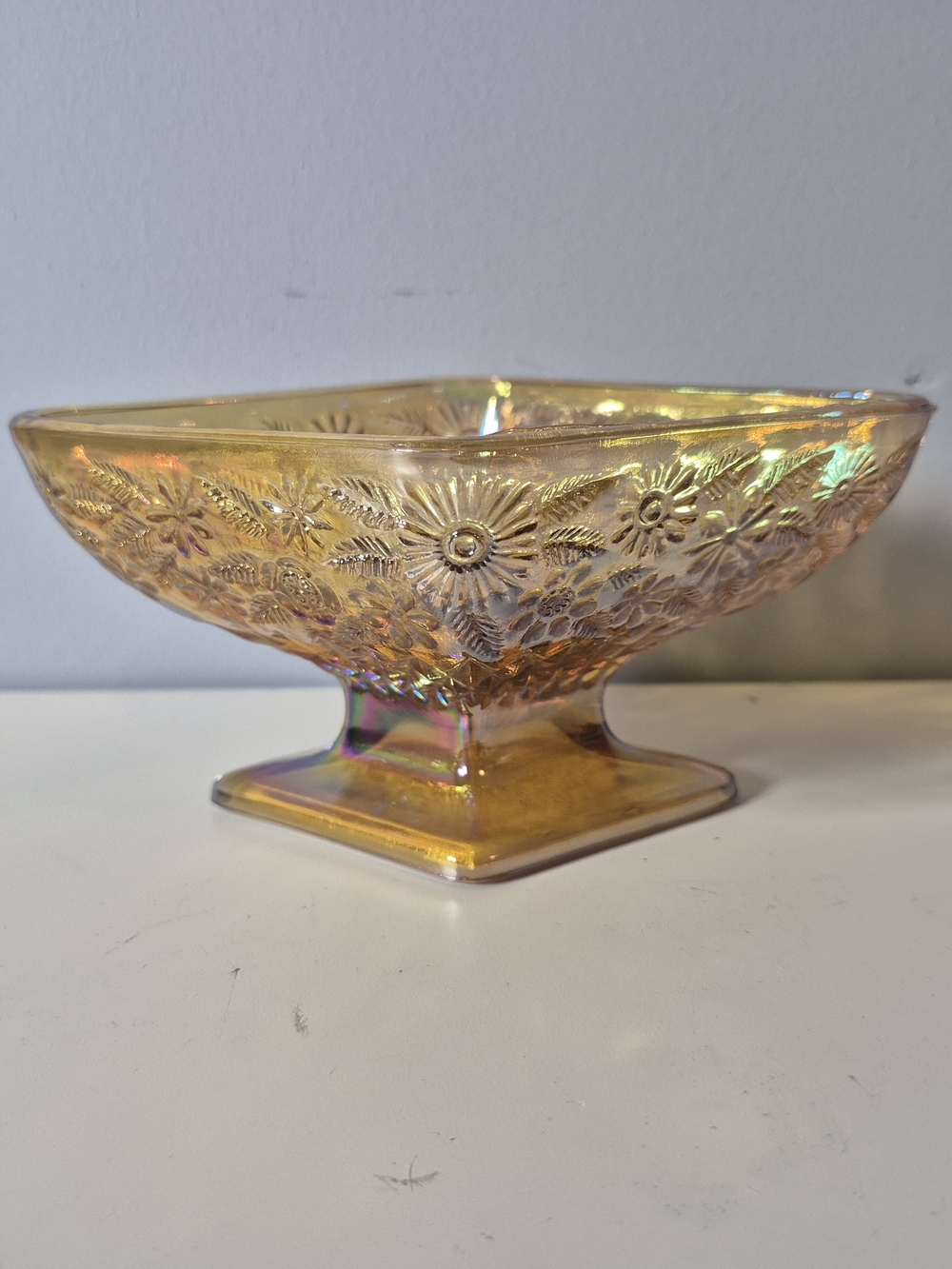Vintage Indiana Glass Marigold Carnival Glass Pedestal Candy Dish Diamond Floral